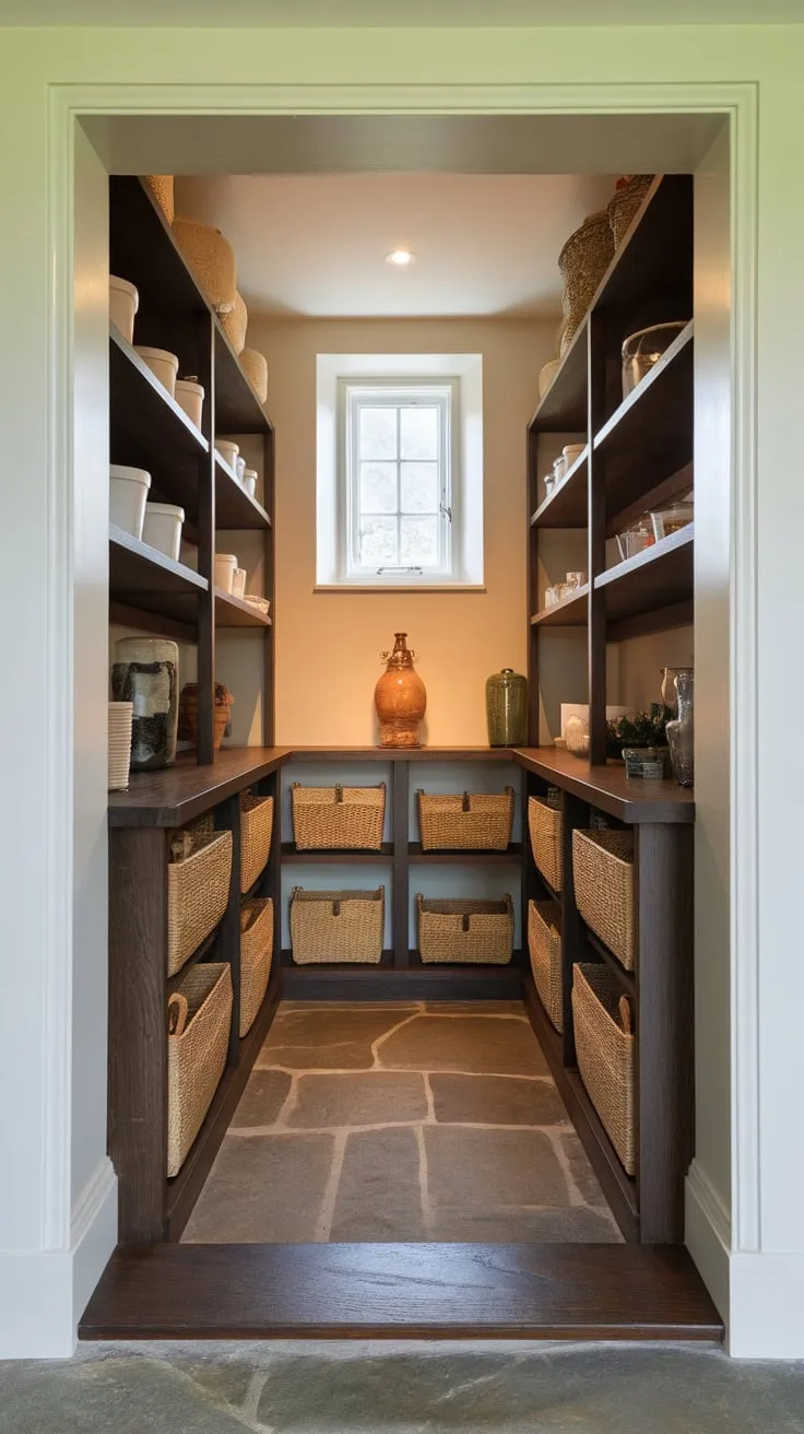 A warm, inviting bespoke pantry under the stairs boasts deep storage, dark wood shelving, and a charming stone floor.