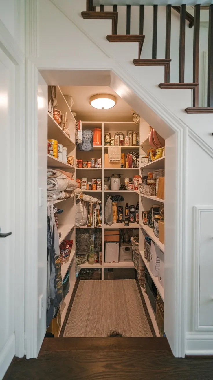 Maximize your kitchen's storage with a stunning built-in pantry tucked discreetly beneath the stairs.