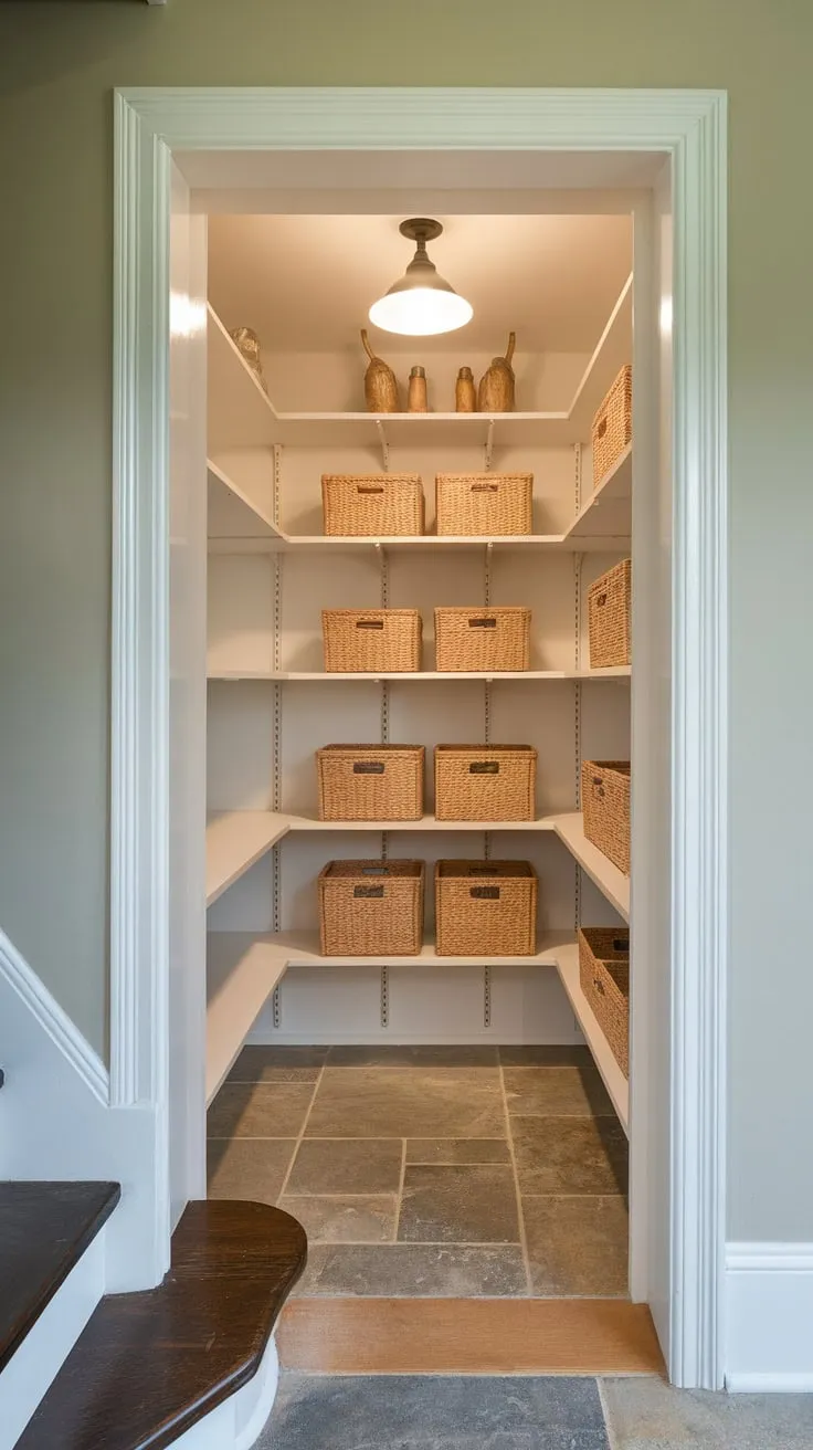 Clever under-stair storage transforms wasted space into a functional pantry with custom shelving and lighting.