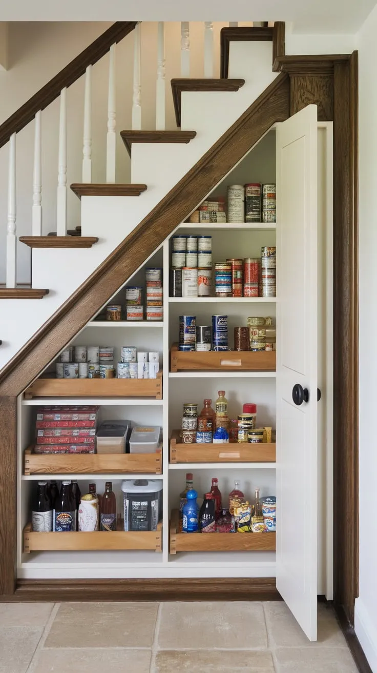 Organized under-stair storage maximizes space with a custom-built pantry and cabinet system in a charming wooden and tiled setting.