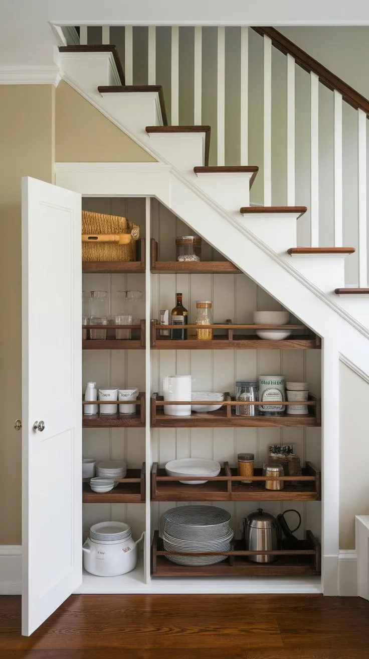 A dark-finished wood-shelved pantry, tucked neatly under elegant white stairs, maximizes kitchen storage.