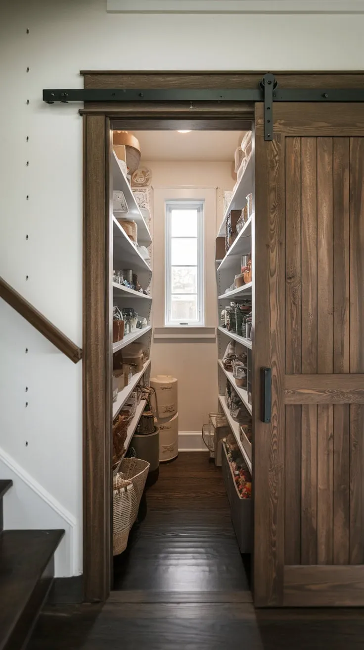 A charming dark-wood pantry tucked under the stairs boasts softly lit shelves brimming with supplies and a small, inviting window.