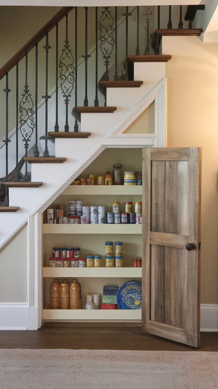 A bright bespoke pantry cleverly utilizes under-stair space for efficient storage