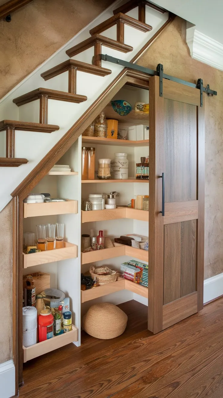 Custom-built under-stair storage offers a deep, multi-shelved pantry with a charming rustic aesthetic.