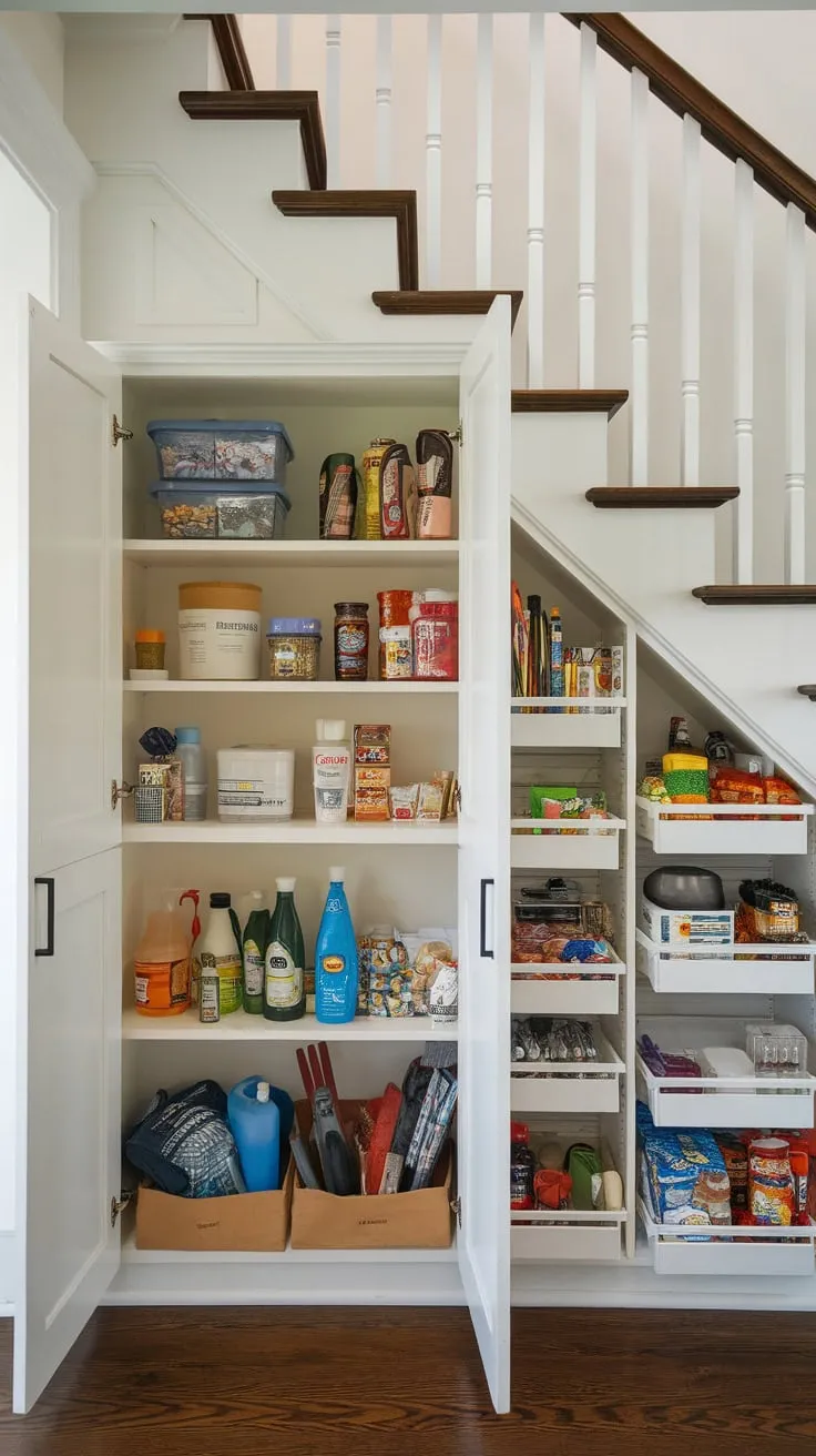A cleverly organized under-stairs pantry maximizes space with neatly arranged food, cleaning supplies, and tools.