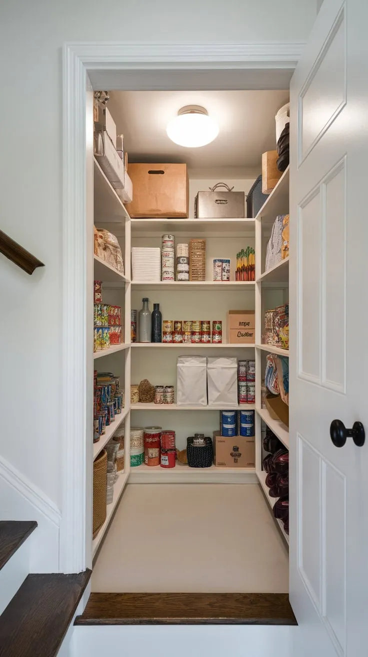 A bright white pantry tucked under the stairs efficiently stores groceries and household items in a clean and organized space