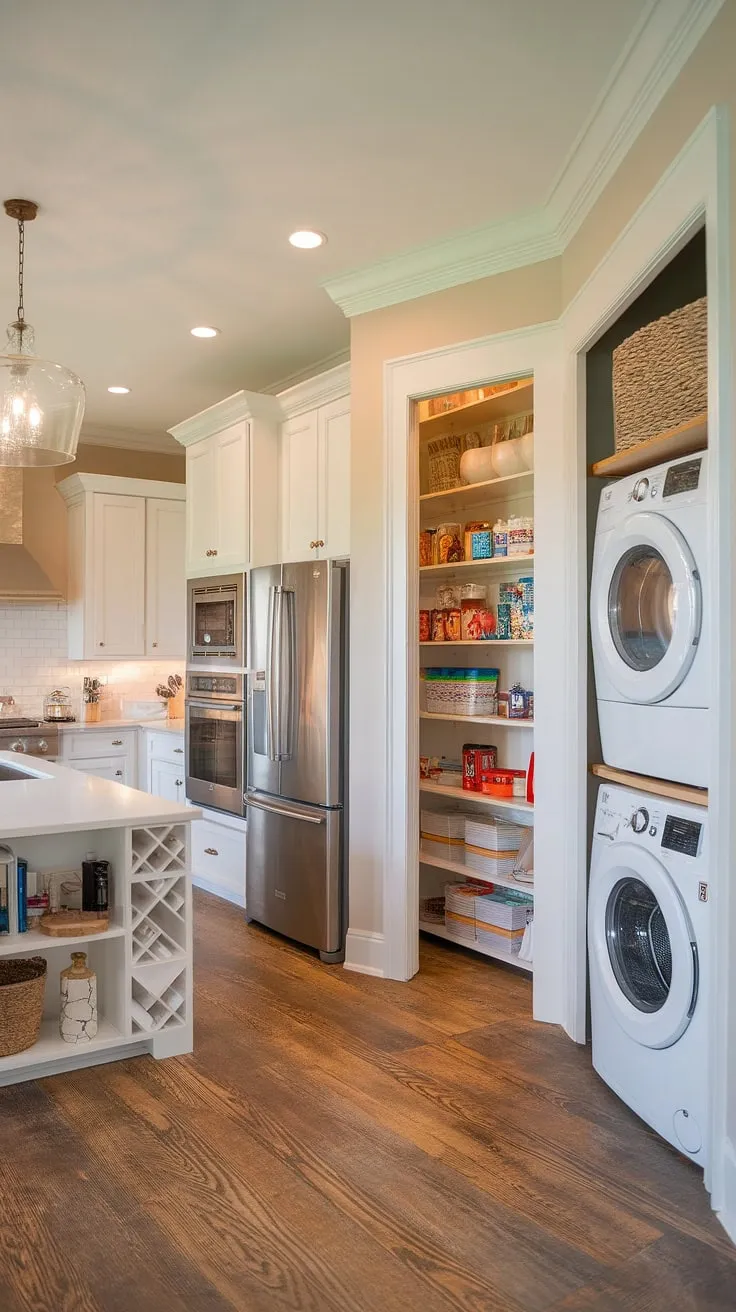 Dreamy modern country pantry meets practical functionality in this stunning walk in laundry pantry.  This combination pantry and laundry room, a true laundry and butler's pantry, showcases how a combined mudroom and laundry room isn't just practical, but also beautiful.  The spacious walk in pantry and laundry room design is the ultimate in efficient home organization.