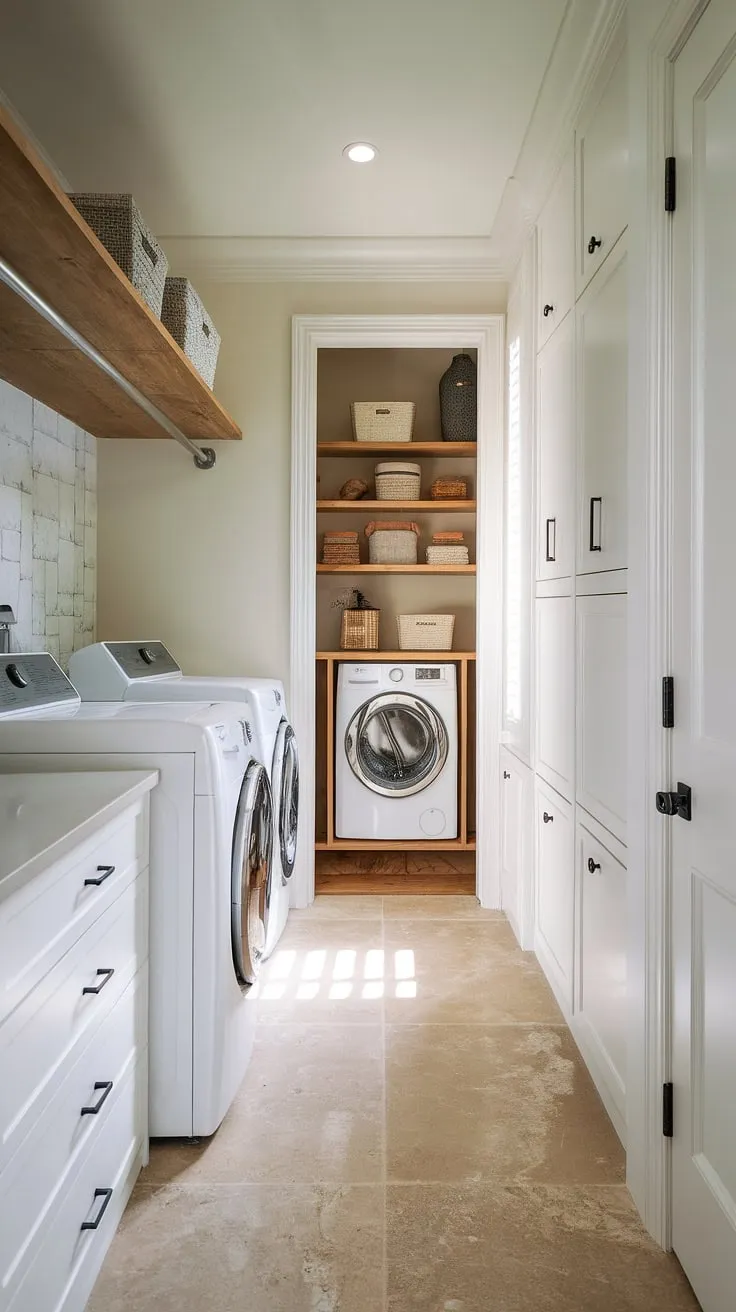 This first-floor pantry utility room combo seamlessly blends modern country style with practical functionality.  The walk-in laundry pantry offers ample storage, complementing the long, narrow laundry room equipped with a sleek washer and dryer.  This IKEA pantry laundry room solution showcases smart design, maximizing space in a combination pantry and laundry room setup.  Ideal first floor laundry room ideas for those seeking a combined mudroom and laundry room or a laundry and butler's pantry experience, all within a walk-in pantry and laundry room design.