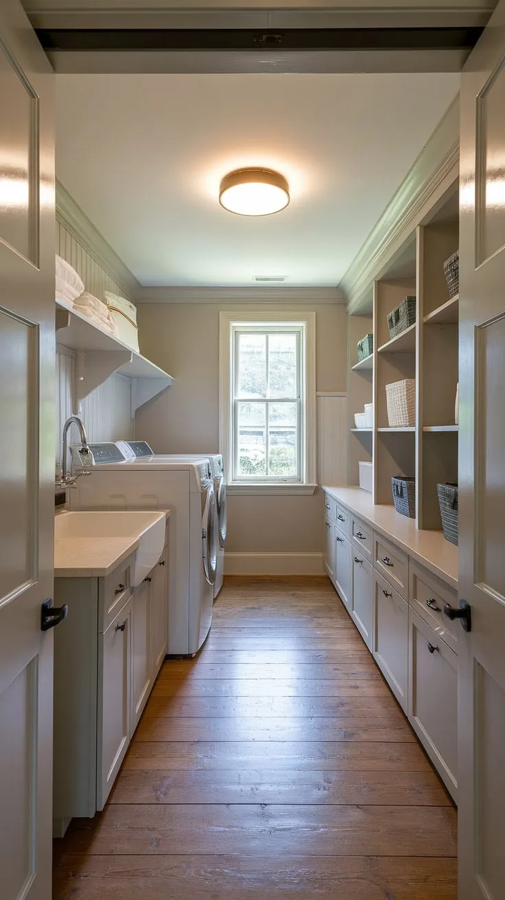 Maximize your space and style with this stunning walk-in laundry pantry.  This first floor laundry room ideas showcases a long narrow laundry room and pantry design, cleverly combining a modern country pantry with essential laundry functions.  The Ikea pantry laundry room system provides ample storage, while the integrated laundry sink adds practicality.  This combination pantry and laundry room is a dream come true, even functioning as a combined mudroom and laundry room for ultimate convenience.  A true walk in pantry and laundry room, designed for effortless organization.