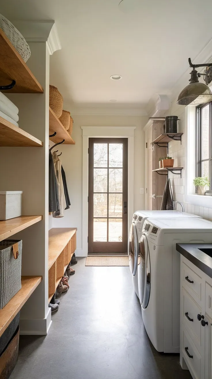 This stunning first floor laundry room ideas showcases a seamless combination pantry and laundry room, maximizing space and style.  The long narrow laundry room flows effortlessly into a walk-in laundry pantry, offering ample storage.  A modern country pantry aesthetic, complete with wooden shelves and a rustic charm, complements the sleek appliances.  This combined mudroom and laundry room, even featuring an exterior door, is the ultimate in convenient and stylish home design.  The walk in pantry and laundry room setup is a dream come true, and the IKEA pantry laundry room inspiration is evident in its clever organization.