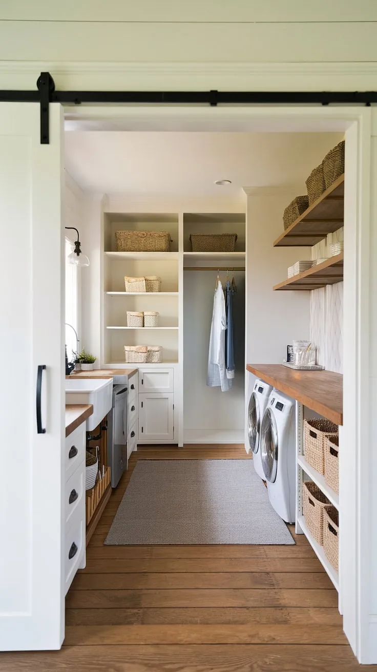 Maximize space and style with this ingenious pantry utility room combo.  A walk in laundry pantry and a long narrow laundry room are cleverly integrated, creating a first floor laundry room that's both beautiful and highly functional.  The modern country pantry features abundant shelving and storage, while the laundry area boasts efficient placement of washer, dryer, and sink. This walk in pantry and laundry room is a testament to smart design, showcasing the potential of an Ikea pantry laundry room setup.