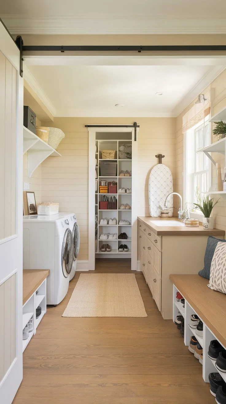 Maximize your space with this stunning pantry utility room combo.  This first-floor laundry room ideas showcase a walk-in pantry and laundry room, cleverly designed for a long narrow layout. The modern country pantry style blends seamlessly with the practical functionality of the laundry area.  The IKEA pantry laundry room elements are evident in the smart storage solutions.  This combined mudroom and laundry room offers a unique and efficient solution, transforming a walk-in pantry and laundry room into a true home organizational haven.