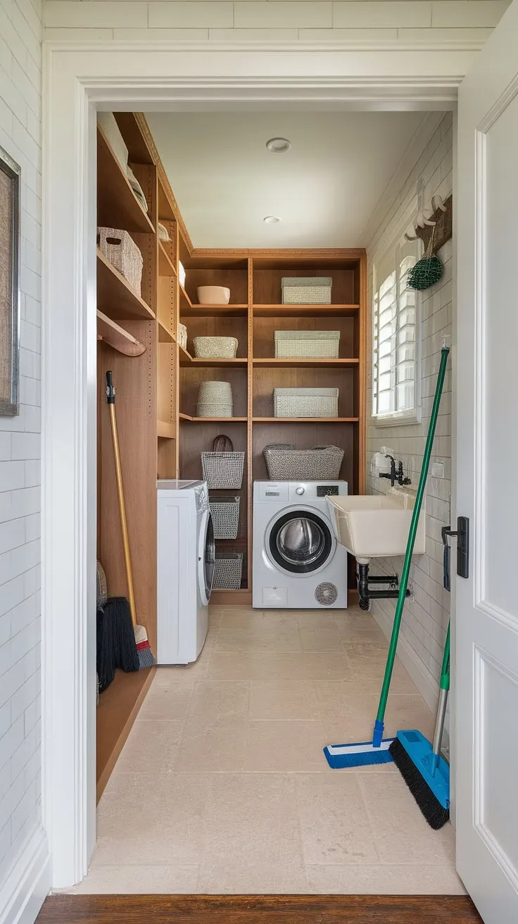 This long narrow laundry room and pantry, a brilliant combination pantry and laundry room, maximizes space with a walk-in pantry and dedicated laundry area.  The modern country pantry design, achieved partly with IKEA pantry solutions, offers both practicality and charm.  Perfect first floor laundry room ideas for a seamless flow between utility room combo and the rest of the home.  This walk-in laundry pantry and even hints of a combined mudroom and laundry room functionality make it a true dream space.