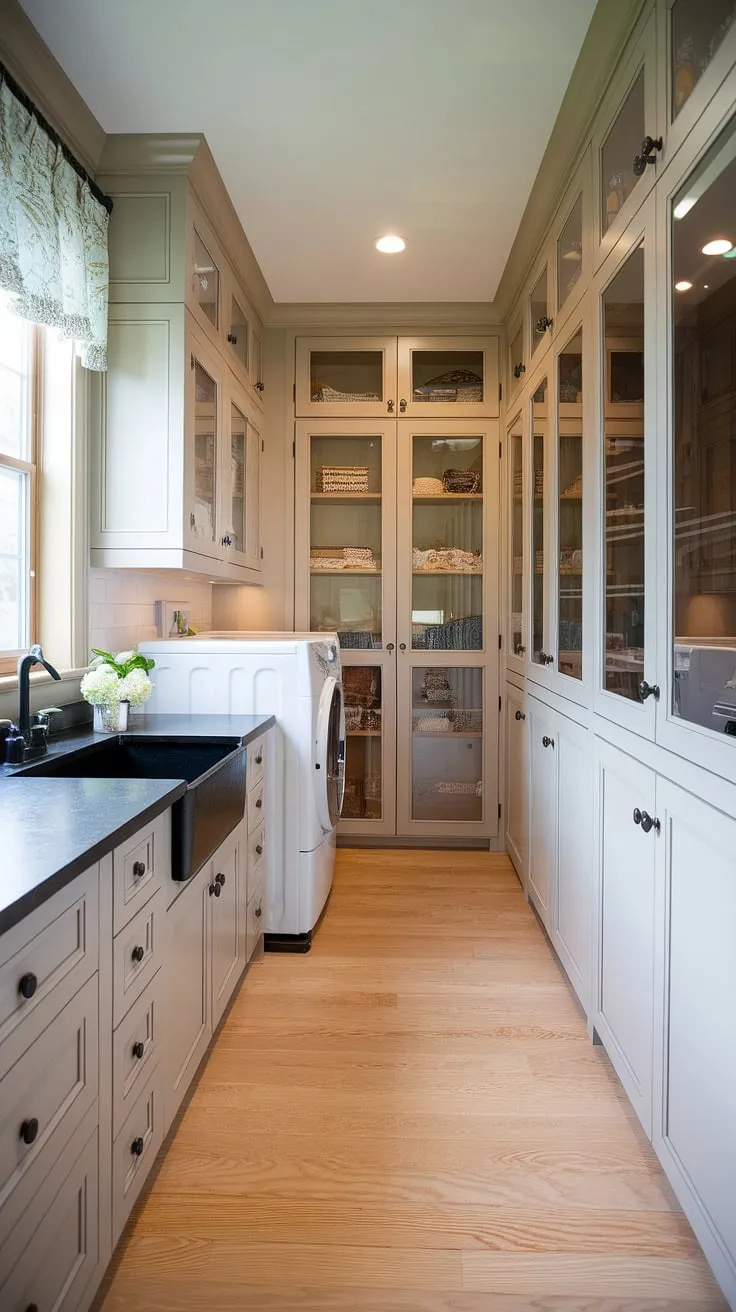 Maximize space and style with this stunning pantry utility room combo.  This long narrow laundry room and pantry boasts a walk in pantry and laundry room, perfect for a busy household.  The IKEA pantry laundry room aesthetic is achieved with simple white cabinets and light wood floors, while the black sink adds a touch of modern farmhouse charm.  Imagine the possibilities of this combined mudroom and laundry room, or even a laundry and butler's pantry!