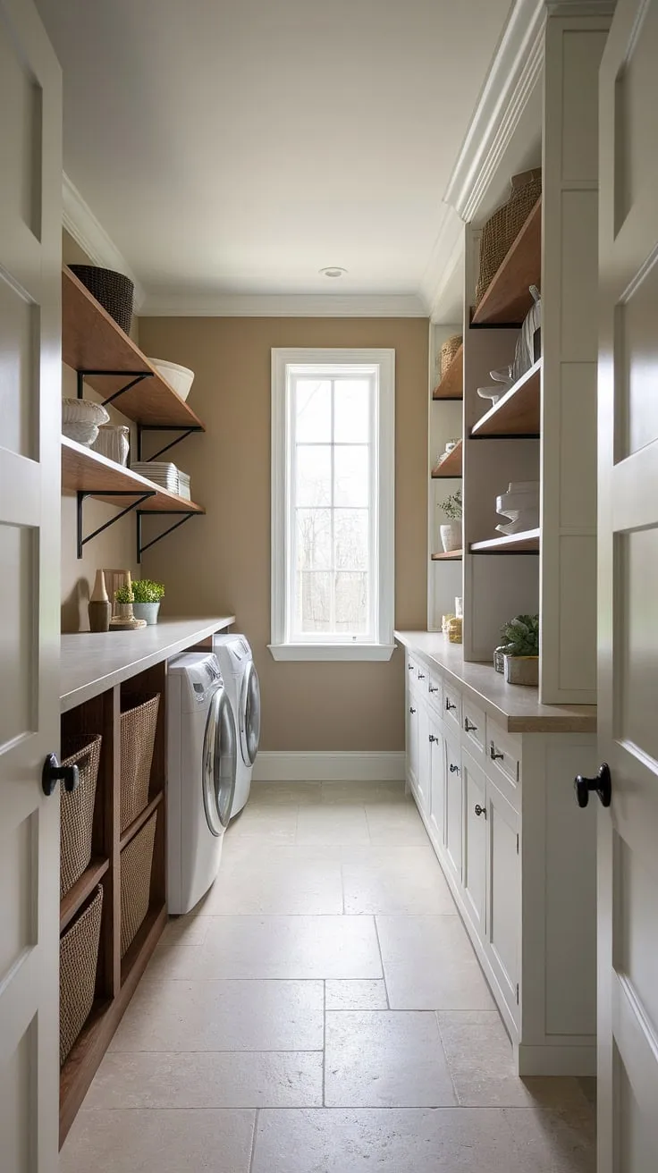 Maximize space and style with this combination pantry and laundry room.  The walk in pantry and laundry room design offers a stunning walk-in pantry on one side and a practical laundry area on the other, perfect for first floor laundry room ideas in a long narrow space.  The modern country pantry features clean lines and warm wood tones, while the IKEA pantry laundry room feel is achieved through smart storage solutions. This pantry utility room combo is a testament to efficient design, even serving as a combined mudroom and laundry room.