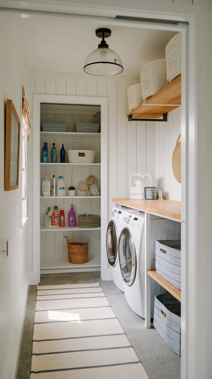 Maximize space and style with this first-floor laundry room ideas featuring a long narrow laundry room and pantry combo.  The walk-in laundry pantry, perfect for storing cleaning supplies, seamlessly integrates with the modern country laundry area, showcasing clever storage solutions and a streamlined design. This combination pantry and laundry room, reminiscent of a butler's pantry, offers both practicality and aesthetic appeal, proving that even a narrow space can be transformed into a functional and beautiful heart of the home.  The IKEA-inspired pantry organization keeps everything tidy and accessible.