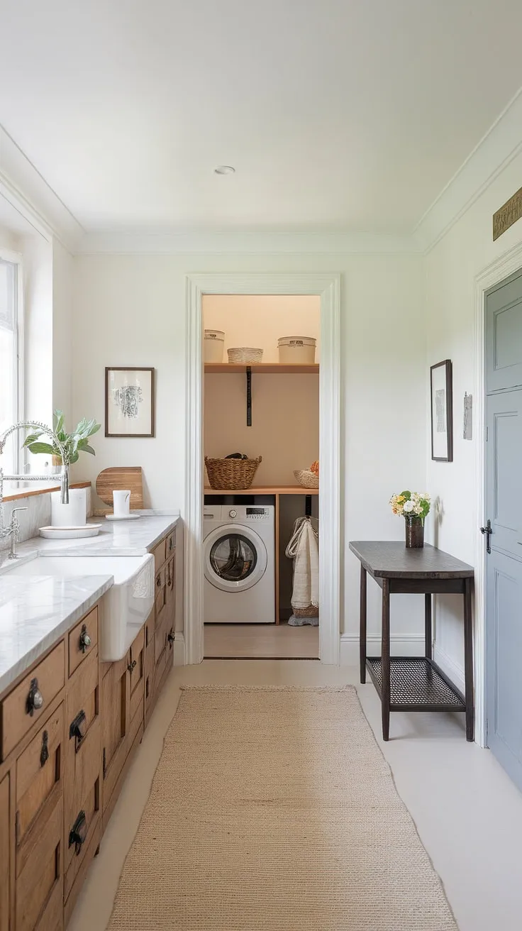 This stunning modern country kitchen seamlessly integrates a walk-in pantry and laundry room, creating the ultimate pantry utility room combo.  The long narrow laundry room and pantry design maximizes space, offering clever first floor laundry room ideas.  A dream combination pantry and laundry room, perfect for efficient living.