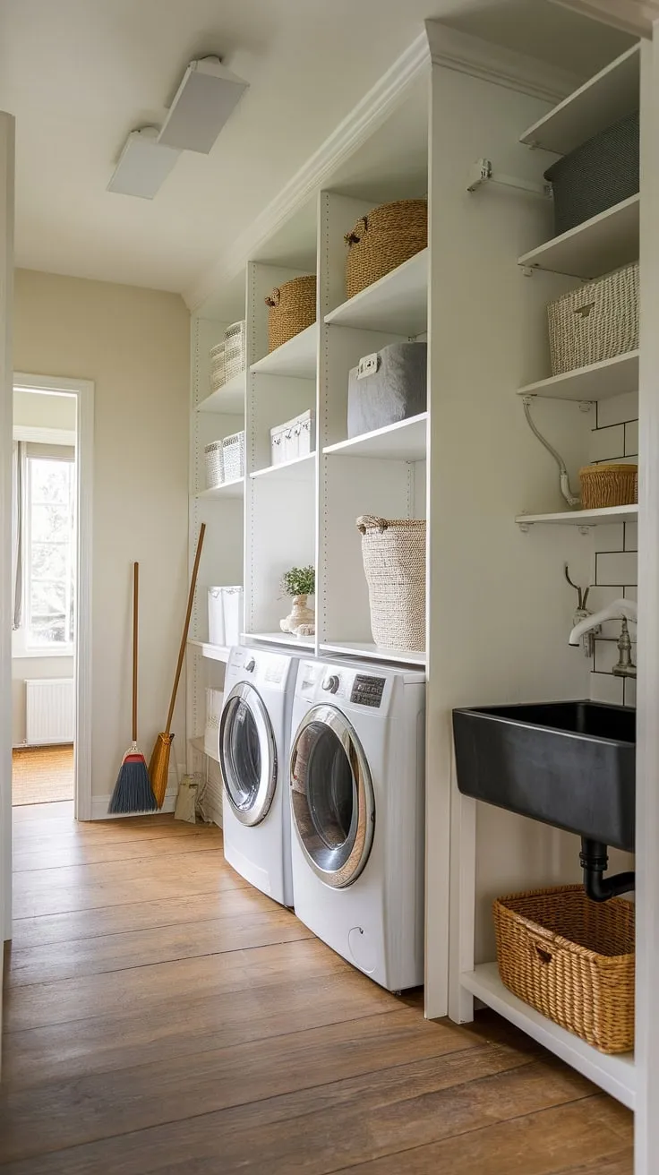Maximize space and style with this stunning pantry utility room combo.  This first floor laundry room showcases a long narrow laundry room and pantry design, effortlessly blending modern country charm with practical functionality.  The IKEA pantry laundry room solution provides ample storage, while the black sink and convenient placement of washer and dryer create a highly efficient walk in laundry pantry.  This combination pantry and laundry room is the perfect blend of laundry and butler's pantry, offering a truly unique and functional space.