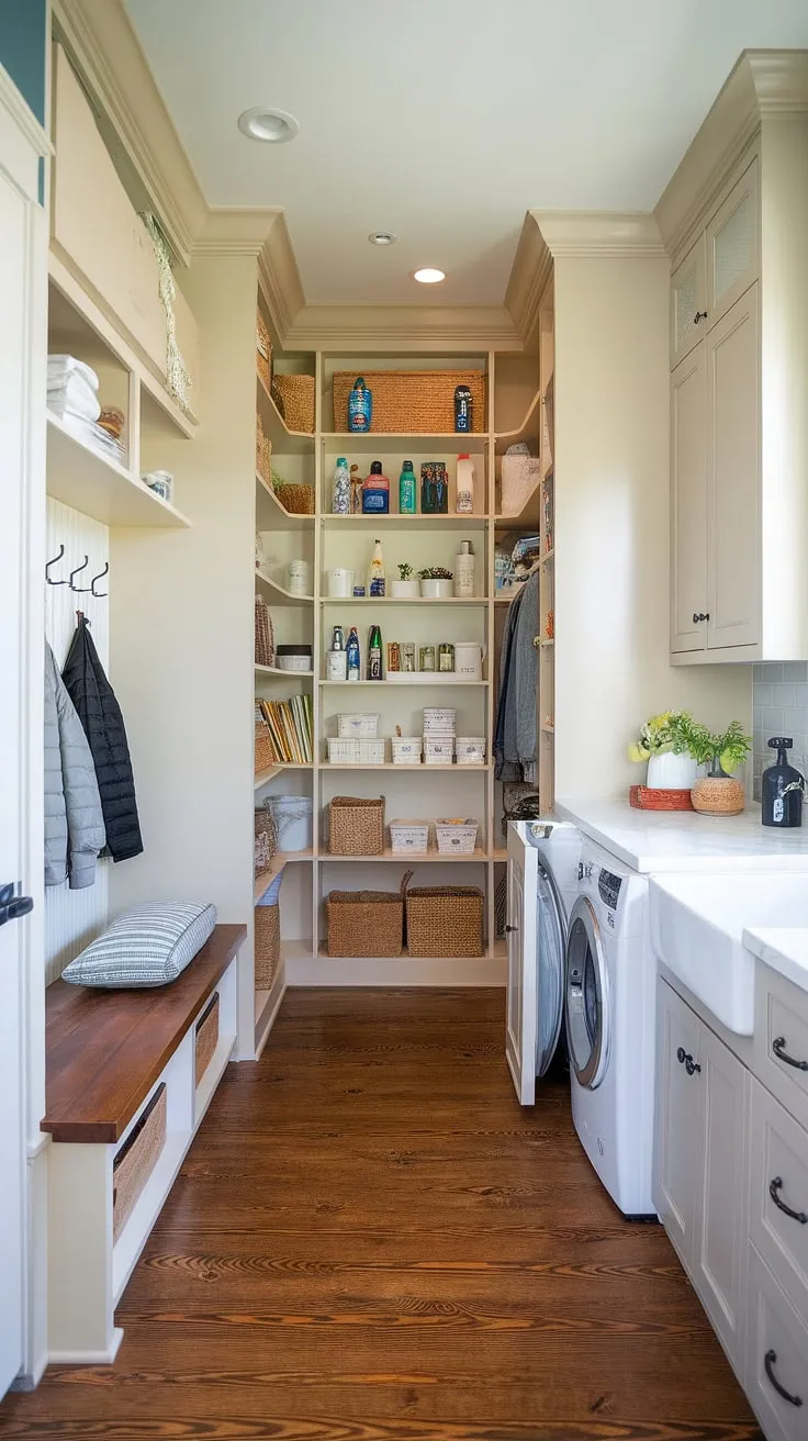 Maximize space and style with this stunning combination pantry and laundry room.  This long narrow laundry room and pantry design features a walk-in pantry and laundry room, offering ample storage for everything from cleaning supplies to groceries.  The modern country pantry aesthetic is complemented by a dedicated laundry station and a cleverly integrated mudroom area with bench seating and coat hooks.  This IKEA pantry laundry room showcases smart first-floor laundry room ideas, transforming a typically utilitarian space into a beautiful and functional heart of the home.  Think laundry and butler's pantry, all in one!  A combined mudroom and laundry room solution that truly works.