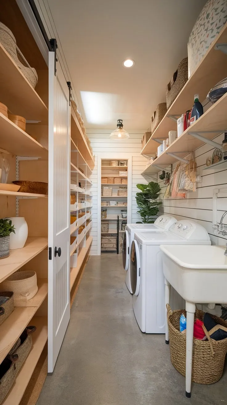 This long narrow laundry room and pantry maximizes space with a clever combination pantry and laundry room design.  The walk-in pantry and laundry room, featuring a modern country pantry aesthetic, offers seamless functionality, proving that first floor laundry room ideas can be both stylish and efficient.  An IKEA pantry laundry room setup could easily achieve this look.  This walk-in pantry and laundry room is the ultimate pantry utility room combo, even functioning as a combined mudroom and laundry room for some.