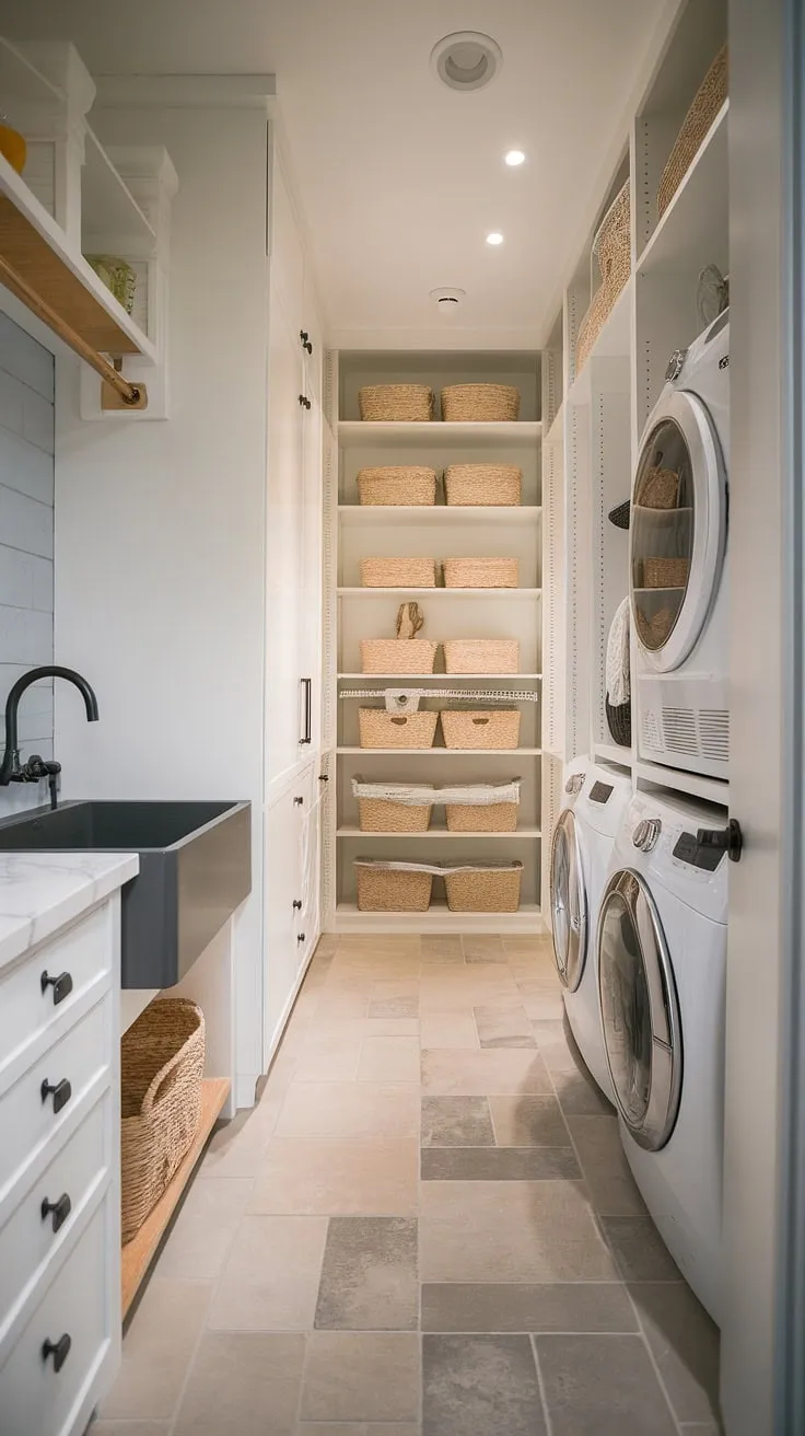 Maximize space and style with this walk-in pantry and laundry room.  This combination pantry and laundry room boasts a sleek design, featuring IKEA cabinetry in a modern country pantry setting. The long narrow laundry room layout is surprisingly efficient, incorporating a washer, dryer, and dark gray sink seamlessly.  Perfect first floor laundry room ideas for those seeking a combined mudroom and laundry room solution, this walk-in laundry pantry offers the ultimate in convenience and charm.