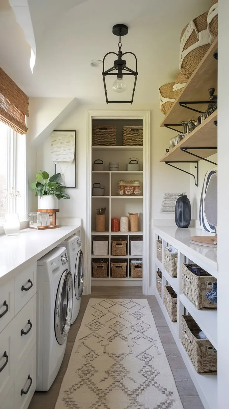 Dreamy functionality meets rustic charm in this combined mudroom and laundry room.  This pantry utility room combo boasts a walk-in pantry and laundry room, showcasing smart storage solutions in a long narrow laundry room.  The modern country pantry aesthetic is effortlessly chic, making laundry day a little less daunting.  This walk in pantry and laundry room is the epitome of first floor laundry room ideas, offering both convenience and style.