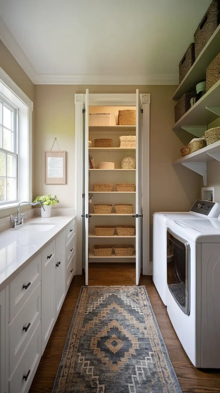 This long narrow laundry room and pantry maximizes space with a clever combination pantry and laundry room design.  The walk-in pantry offers ample storage, while the first floor laundry room ideas, including the integrated sink and shelving, create a functional and stylish modern country pantry.  Perfect for those seeking a walk in laundry pantry or even a combined mudroom and laundry room solution.  This Ikea pantry laundry room-inspired setup proves that even a small space can be both practical and beautiful.
