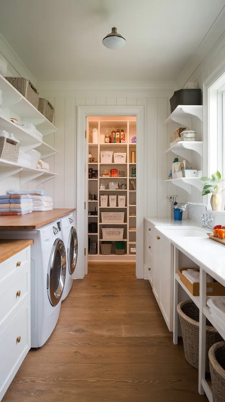 Transforming a long narrow space into a dream laundry and butler's pantry! This walk in laundry pantry boasts a modern country pantry aesthetic, showcasing smart first floor laundry room ideas.  The combination pantry and laundry room is a marvel of efficiency, easily replicated with an Ikea pantry laundry room approach.  This pantry utility room combo is the perfect blend of style and function, even serving as a combined mudroom and laundry room solution.