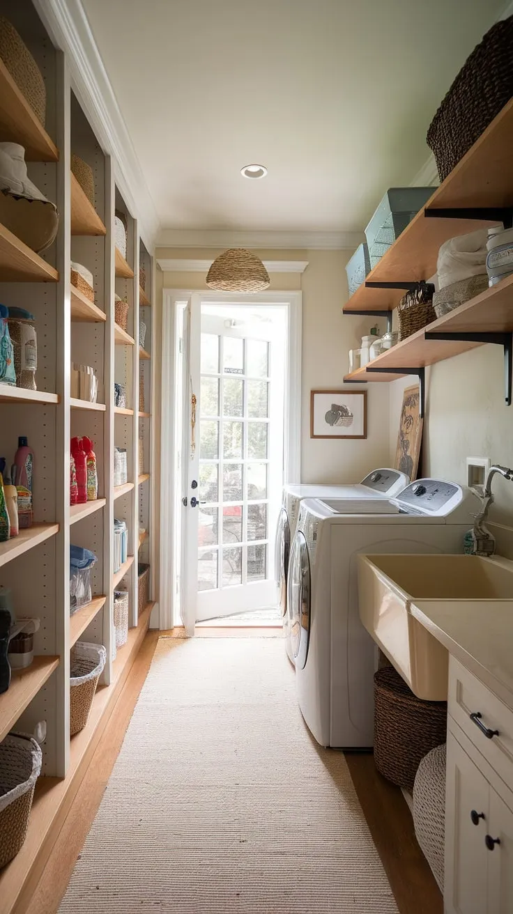 This first floor laundry room ideas masterpiece proves that even a long narrow laundry room and pantry can be transformed into a dream space.  The walk-in laundry pantry, filled with neatly organized cleaning supplies and household items, seamlessly integrates with the modern country pantry aesthetic.  This combination pantry and laundry room is a testament to smart design, maximizing storage and functionality in a compact footprint.  Inspired by Ikea pantry laundry room solutions, this space offers a practical and stylish walk-in pantry and laundry room setup.  The addition of a convenient exterior door elevates this pantry utility room combo beyond expectation, creating a combined mudroom and laundry room that's both efficient and aesthetically pleasing.