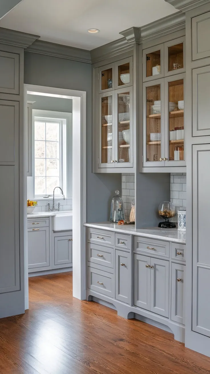 Elegant grey butler's pantry boasts stylish wall cabinets showcasing diverse door styles and a hidden kitchen within a functional hardwood-floored space