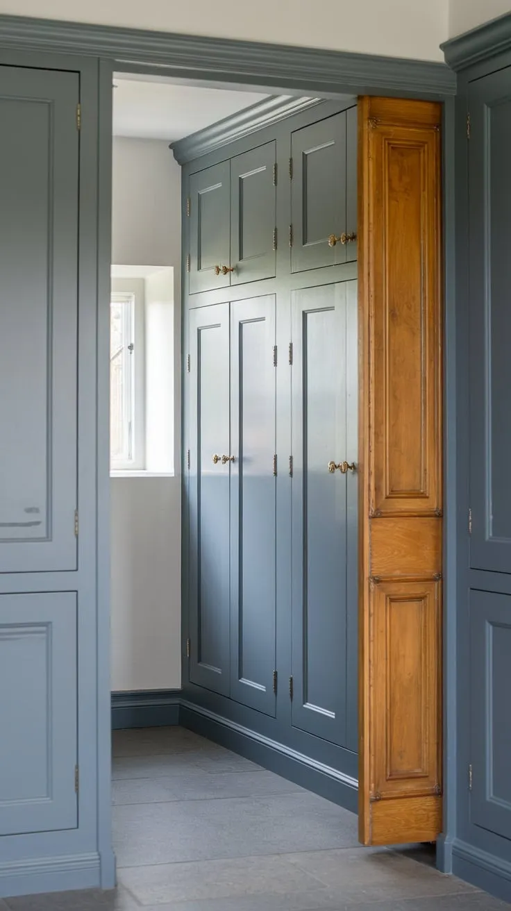 A stylish grey kitchen conceals a spacious pantry featuring smooth grey wood cabinets, a small window, and white walls.