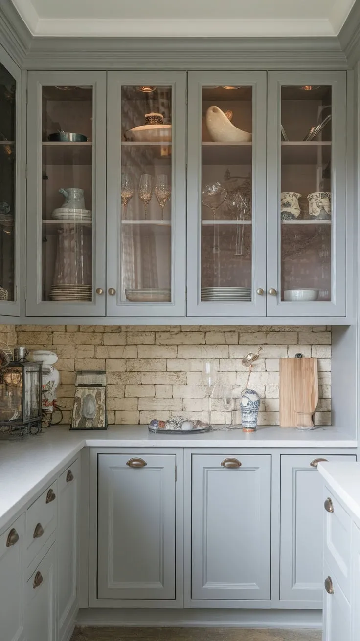 A modern kitchen's butler's pantry features light grey wall cabinets displaying glassware and decorative items on a textured beige brick backdrop.