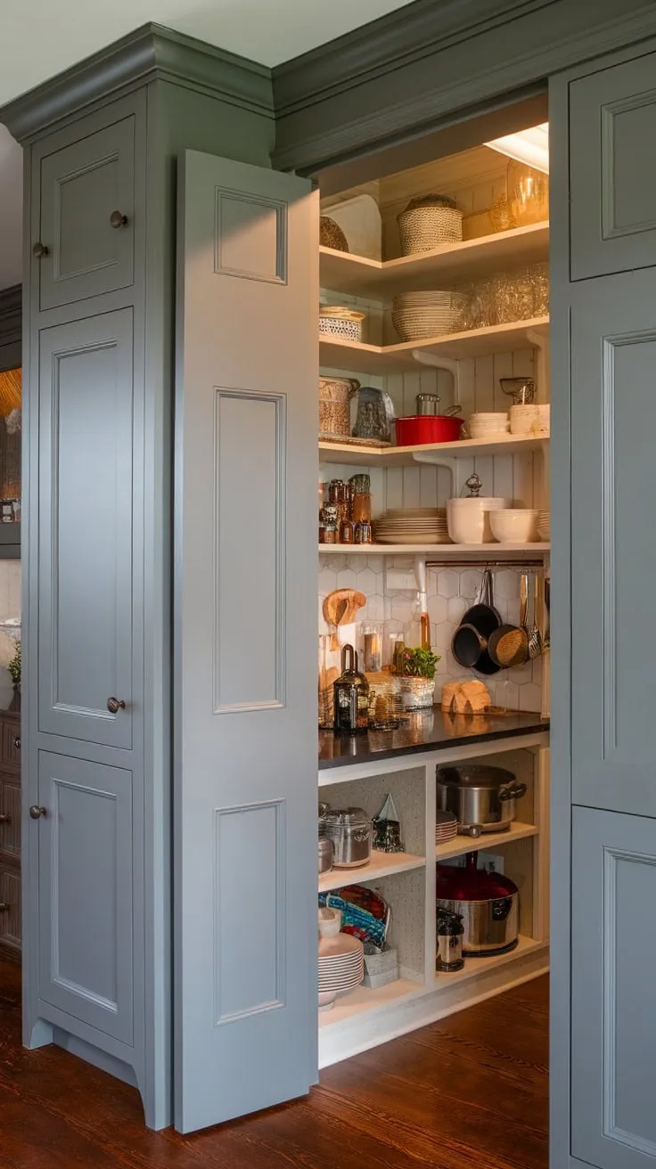 A hidden kitchen's butler's pantry boasts stylish grey shaker and raised panel cabinets showcasing a warm-lit array of cookware and dishes