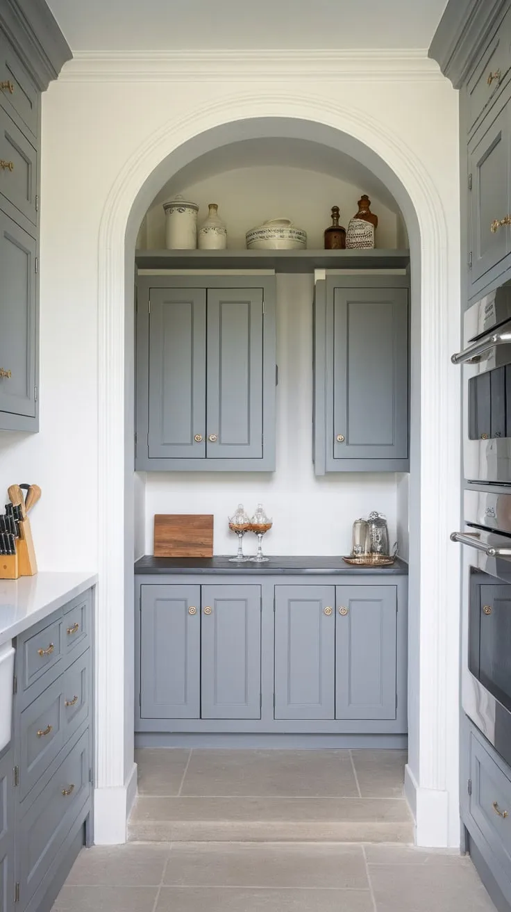A white pantry wall showcases stylish grey cabinets and a shelf in a clean modern kitchen