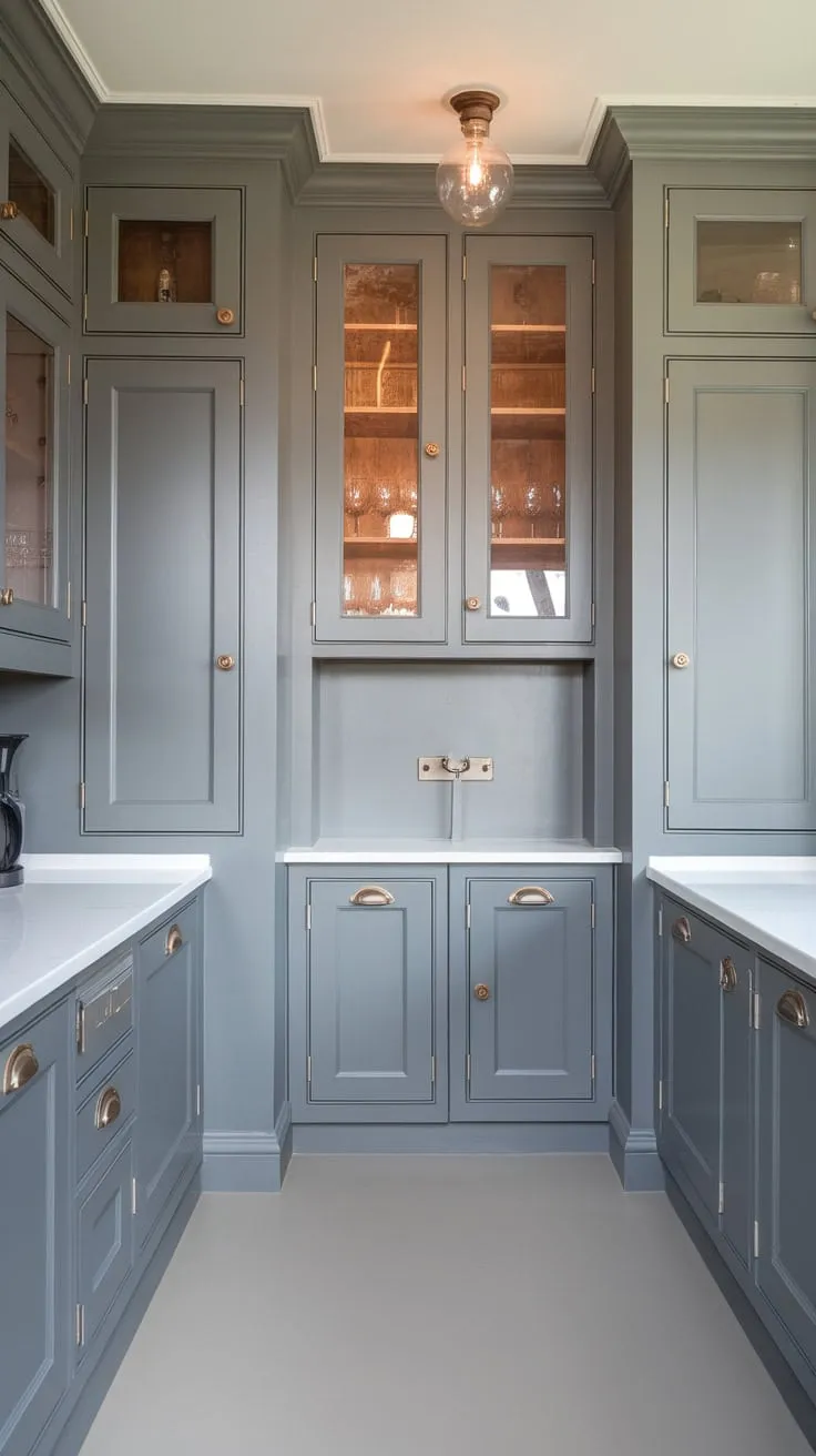 Grey floors and white counters complement the varied pantry cabinet designs in this butler's pantry.