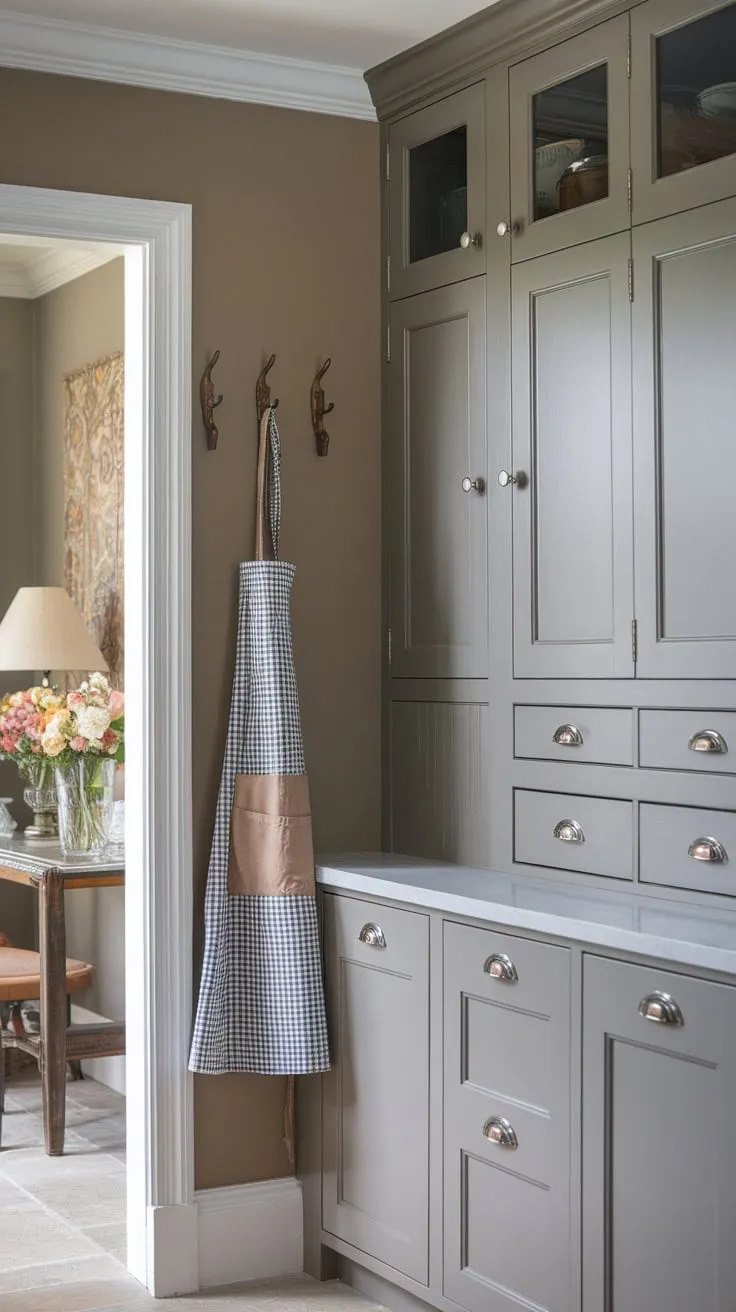 Grey kitchen design elements enhance a stylish butler's pantry featuring varied cabinet door styles and a welcoming, flower-filled ambiance.