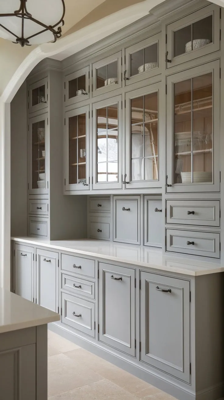 A light grey butler's pantry with shaker and raised panel cabinets, glass fronts, and a recessed design creates a stylish hidden kitchen