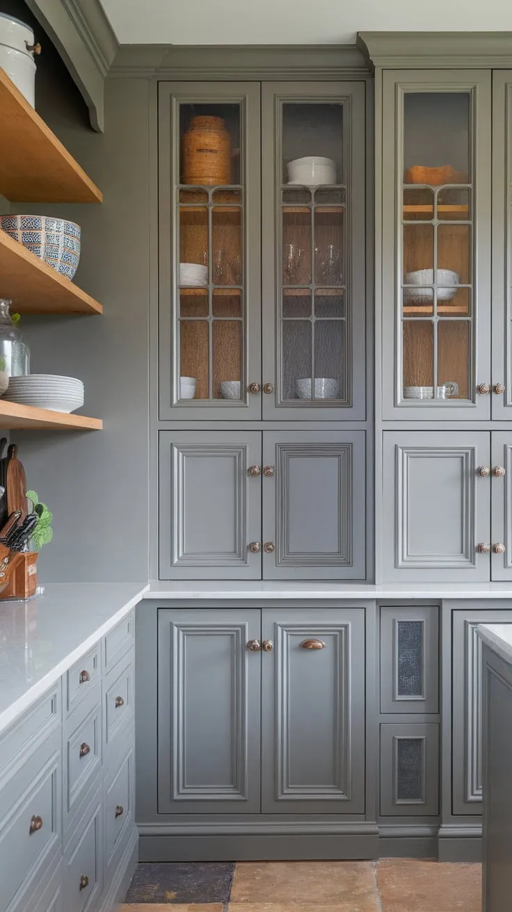 Grey kitchen design subtly revealed through varied pantry wall cabinet styles in a butler's pantry.