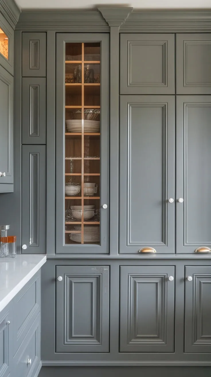 A dream kitchen boasts innovative pantry wall cabinetry, showcasing diverse styles within a sophisticated grey design and hidden elements.
