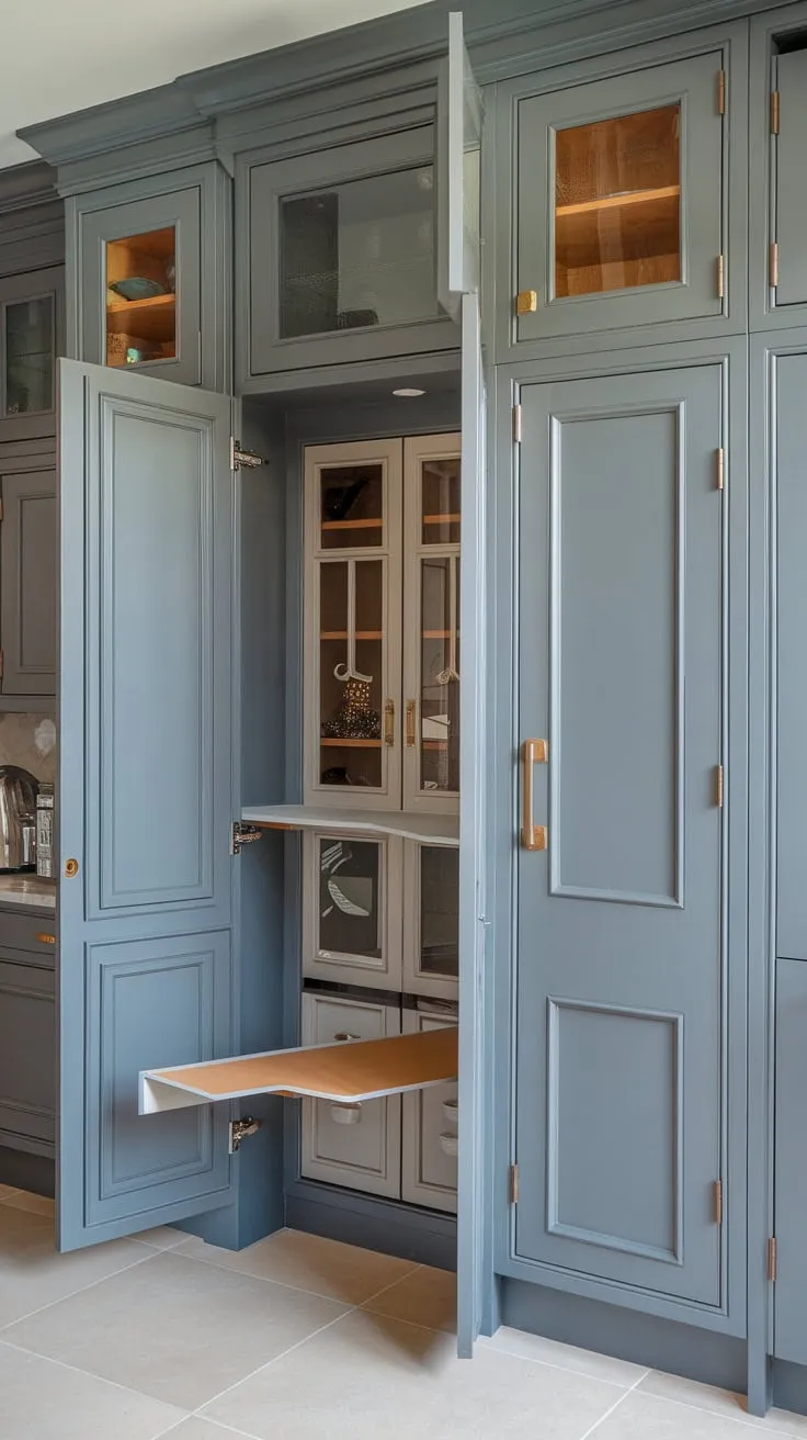 Sleek grey cabinetry and varied door styles create a functional and visually appealing butler's pantry, perfectly complementing the modern kitchen design.