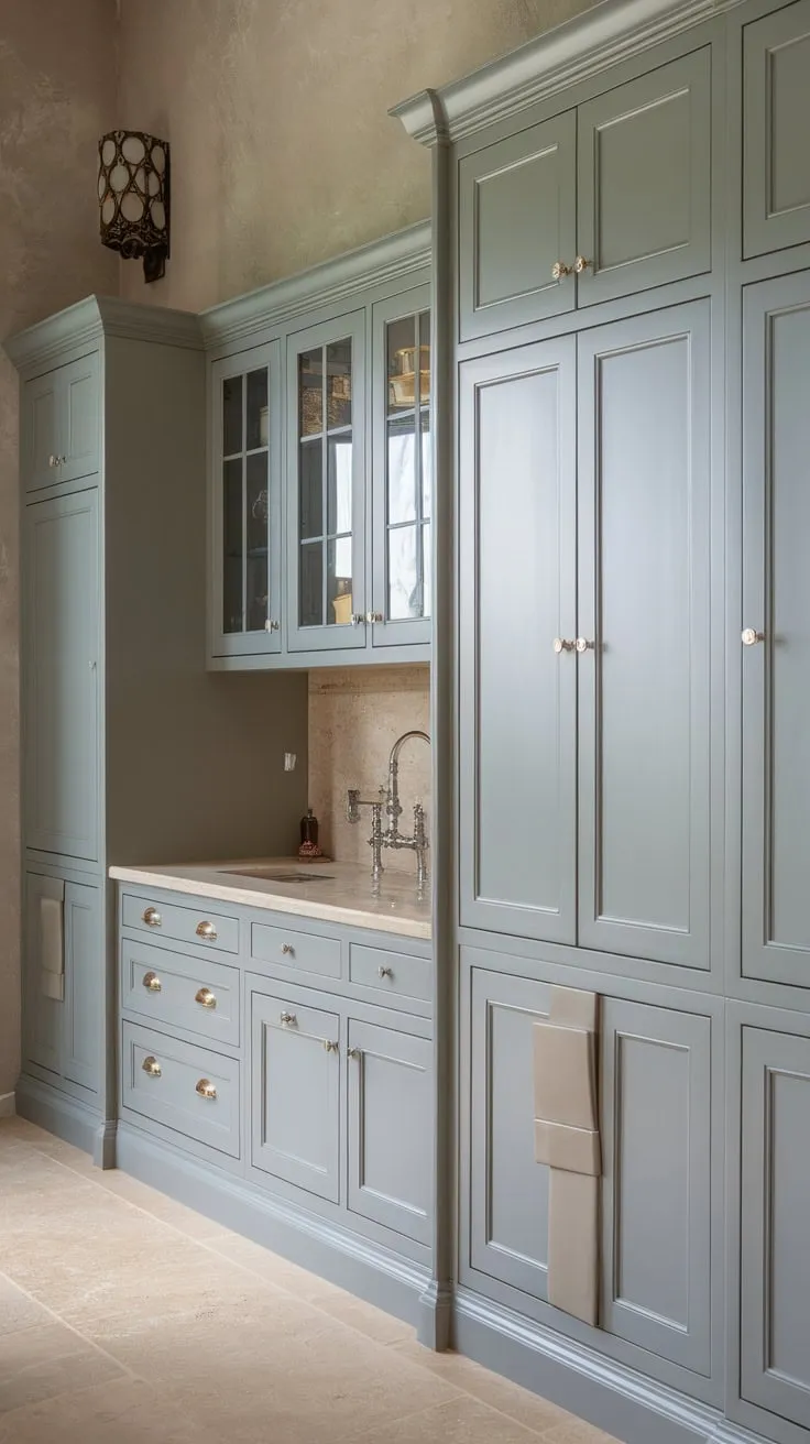 Stylish grey pantry wall cabinets featuring varied door styles enhance a hidden kitchen area, creating a sophisticated and functional space.