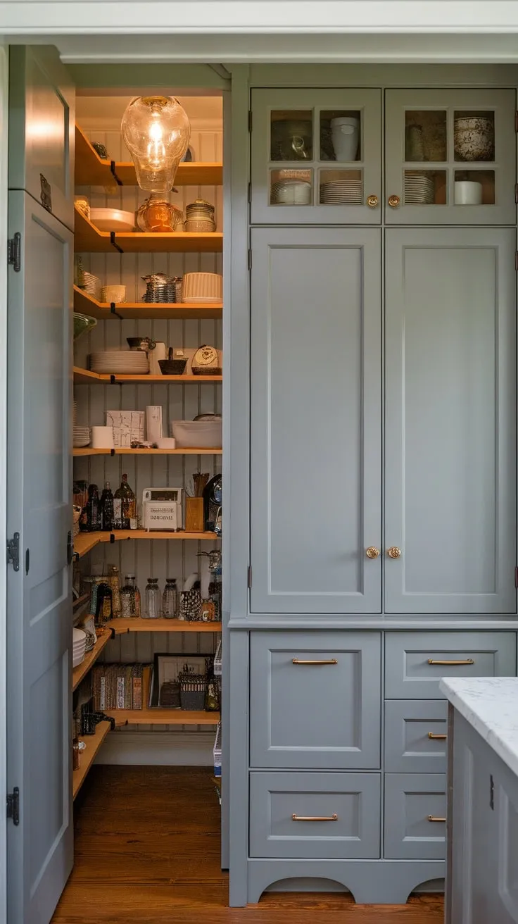 Grey wall cabinets create a stylish and functional hidden pantry, perfectly illuminated and brimming with kitchen supplies.