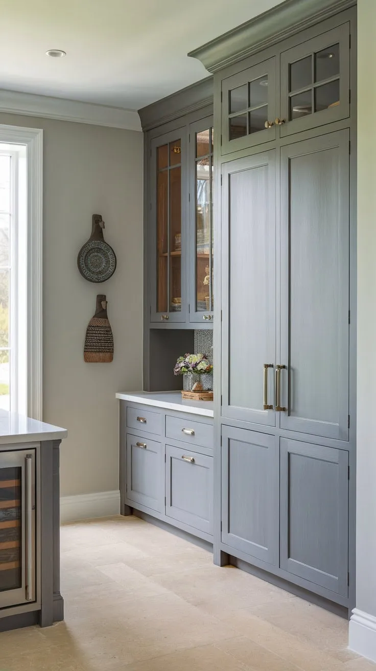 Sleek grey wood pantry wall cabinets modernize a kitchen featuring a charming butler's pantry and beige tile floors