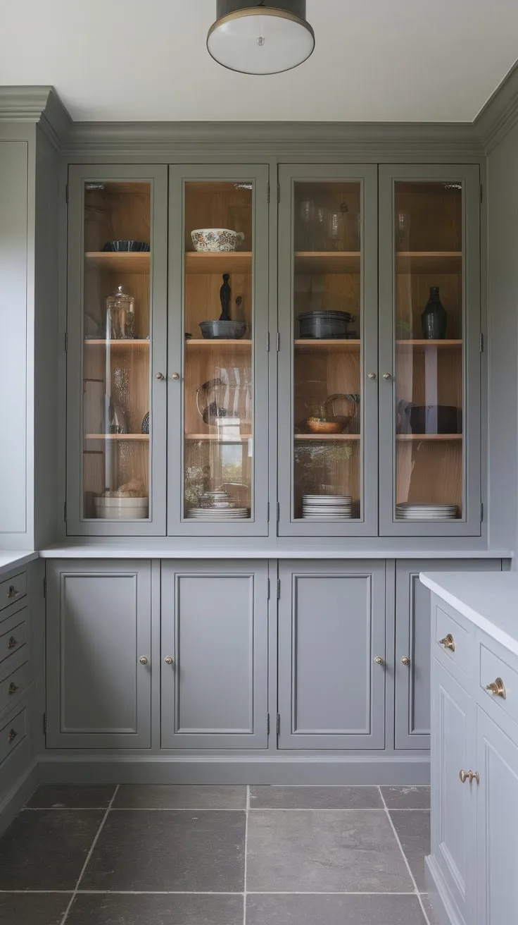 A minimalist grey kitchen's butler's pantry features functional shaker-style wall cabinets with glass doors showcasing dishes and utensils.