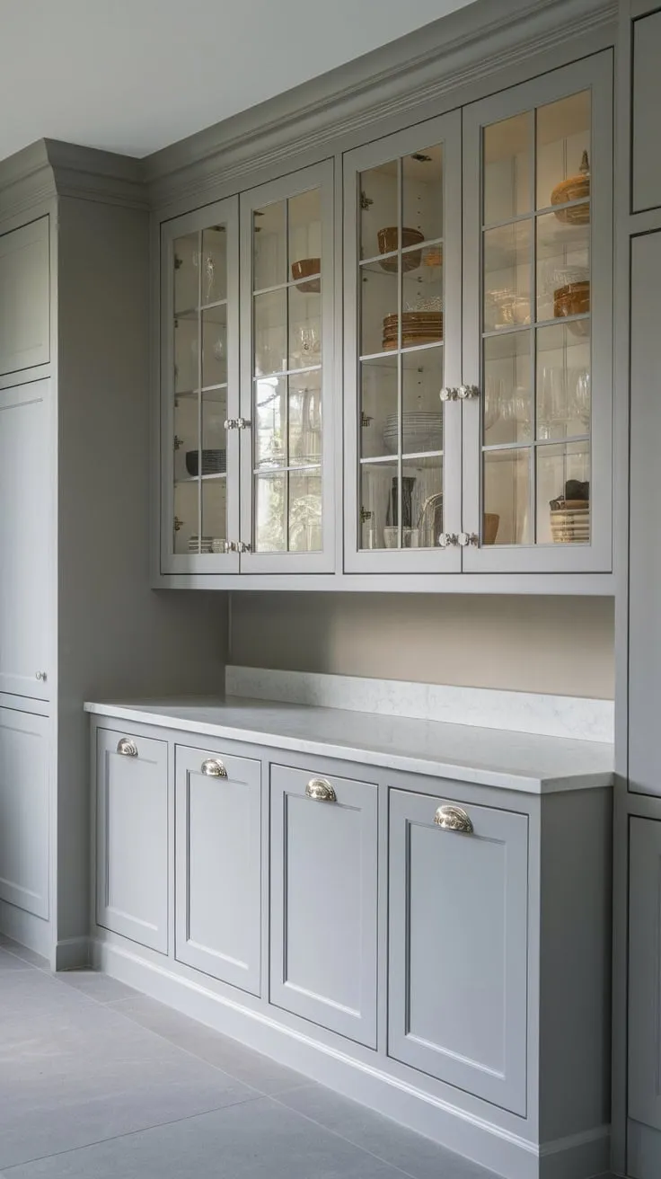 A butler's pantry features light grey wall cabinets with glass fronts revealing a crisp white interior, all set against a grey tiled floor.