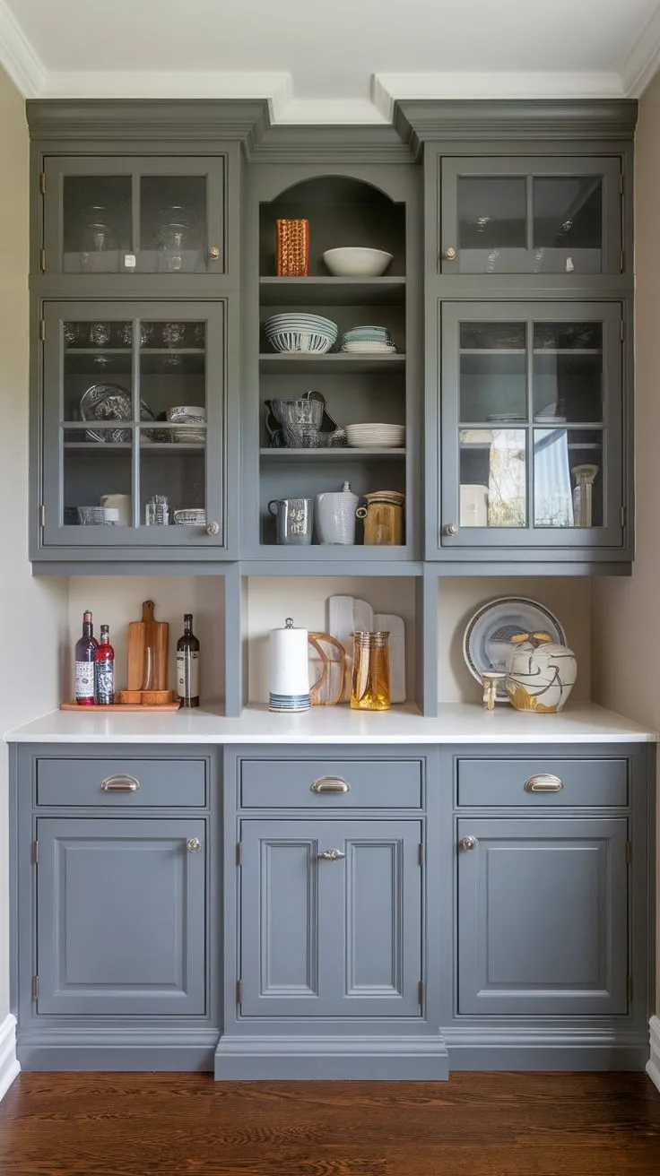 Elegant grey butler's pantry cabinets in shaker, glass, and raised-panel styles showcase kitchen essentials against a beige backdrop and dark wood floor.