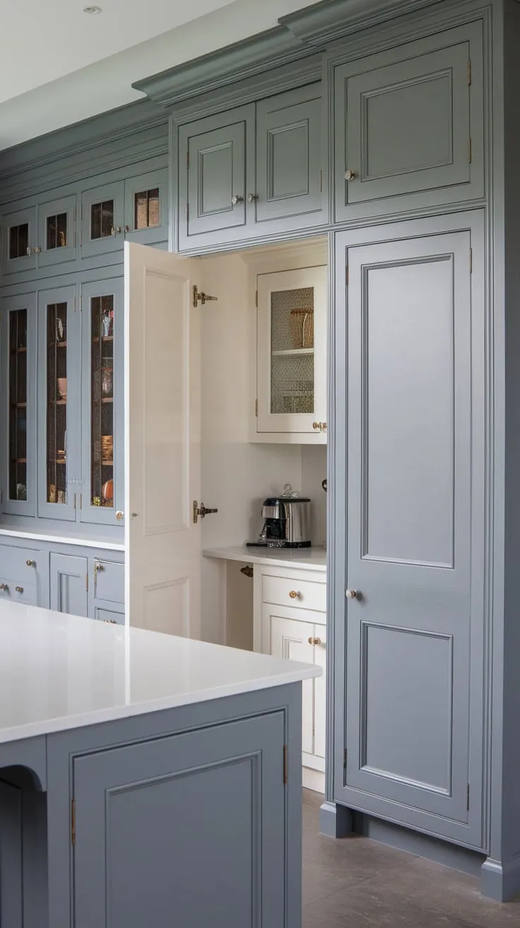 A functional modern kitchen design features a grey island, white countertops, and eye-catching pantry wall cabinets with varied door styles including shaker, slab, and beaded, complementing a hidden kitchen area.