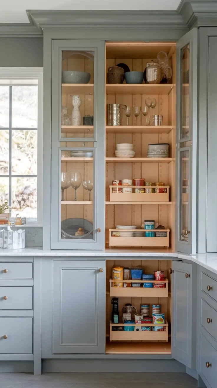 Modern grey kitchen's hidden pantry boasts stylish glass-fronted cabinets revealing neatly stored dishes and goods.