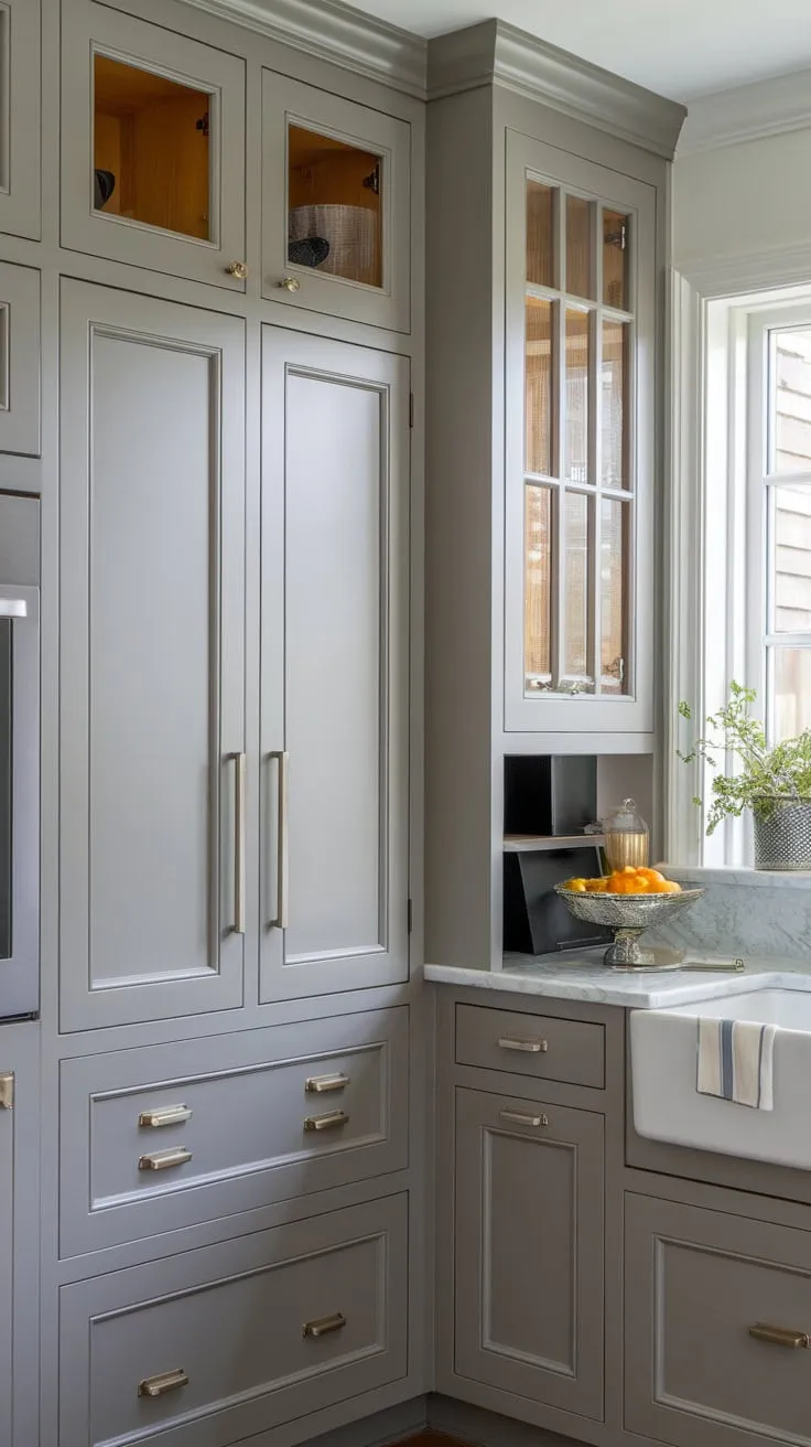 A transitional grey kitchen boasts versatile pantry wall cabinets in raised panel, Shaker, and slab styles, complemented by a charming butler's pantry.