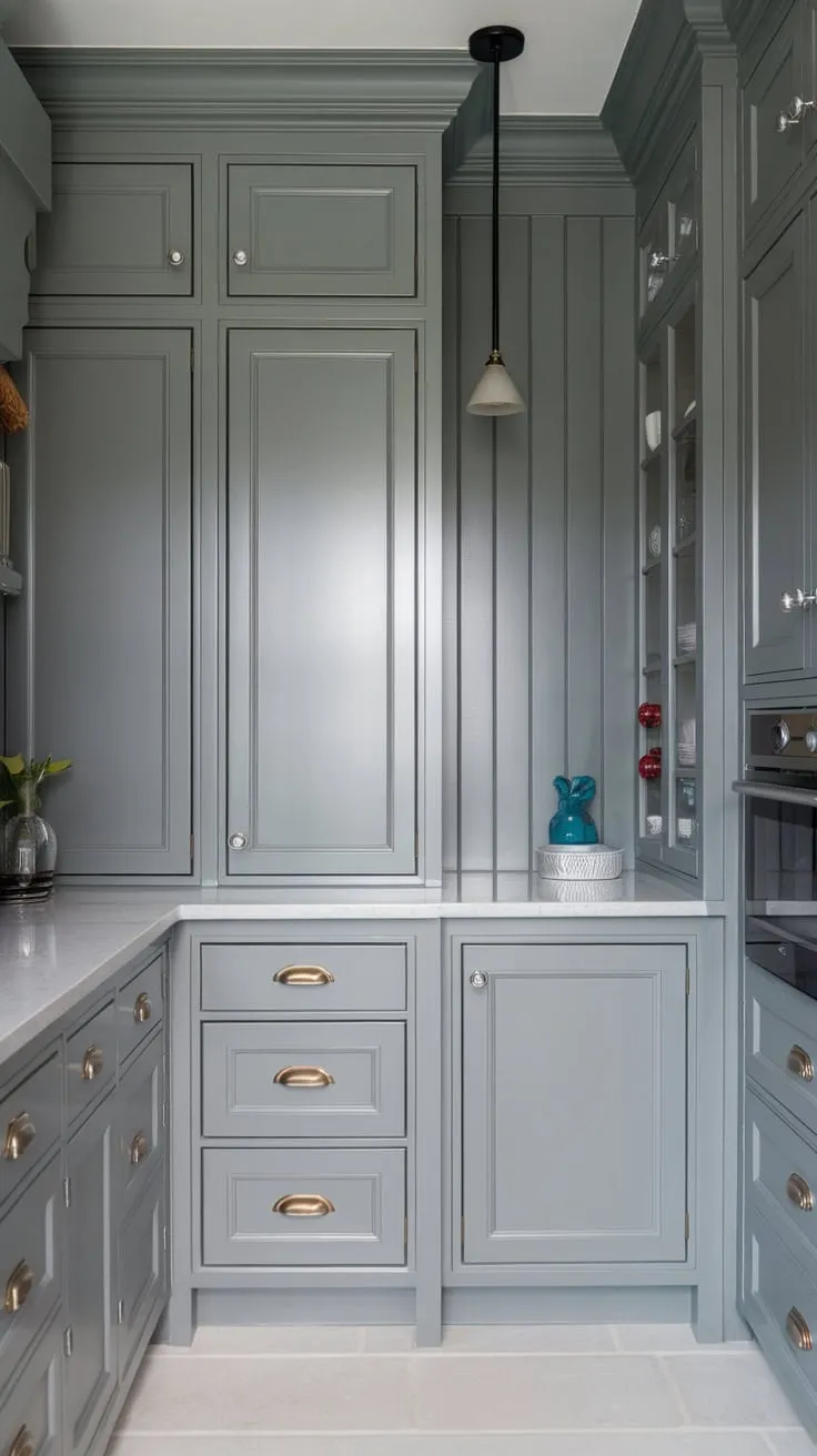 Sleek grey shaker-style pantry wall cabinets create a sophisticated butler's pantry ambiance